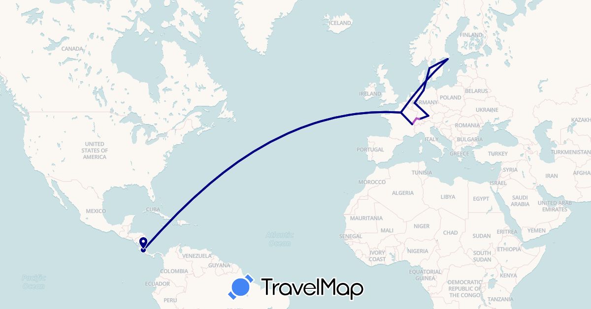 TravelMap itinerary: driving, train in Switzerland, Costa Rica, Germany, France, Sweden (Europe, North America)
